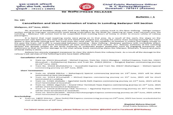 tripura isolated by rail also after road due to national highway renovation in assam